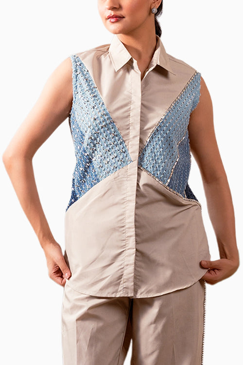 Taupe Cotton 3 Panel Denim Shirt