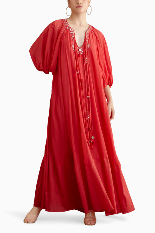 Coral Hand Embroidered Maxi Dress