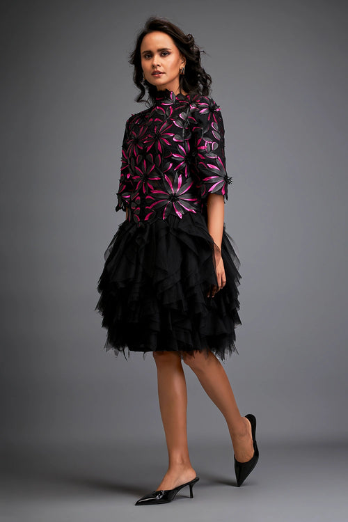 Pink Floral Top With Ruffled Sheer Skirt