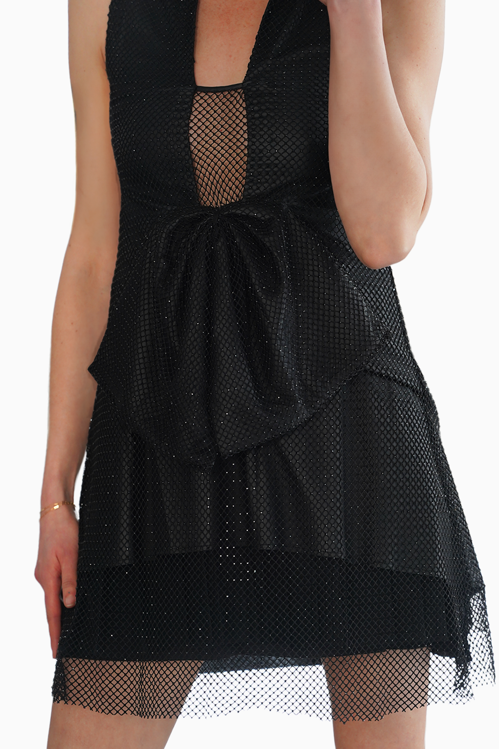 Black Mesh Trapeze Dress With Bow