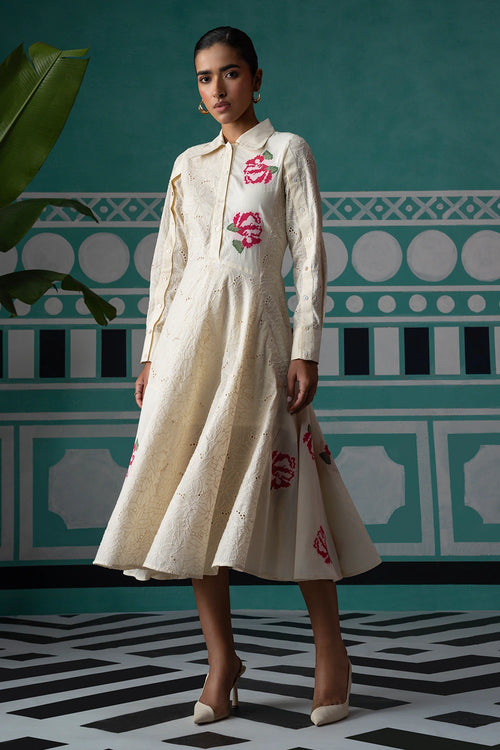 Creme Cross Stich Embroidered Broderie Midi Dress