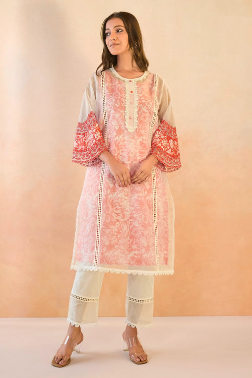 Rose Floral Embroidered Organza Slip Kurta Set