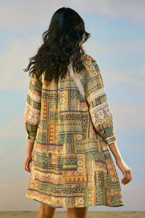 Linen-Lace Printed Dress