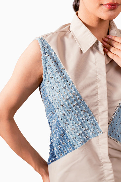 Taupe Cotton 3 Panel Denim Shirt With Taupe Cotton Embellished Pants