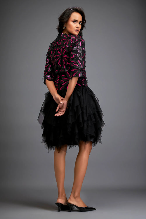 Pink Floral Top With Ruffled Sheer Skirt