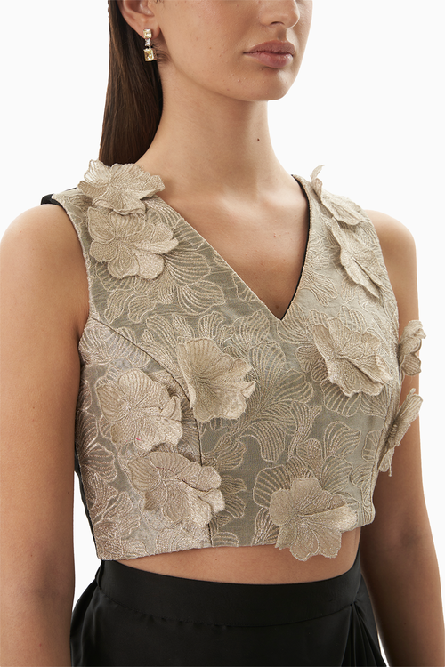 Silver and Black Antique Floral Blouse & Skirt Set