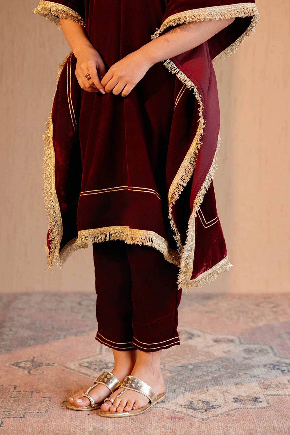 Maroon Velvet Kaftan With Pants