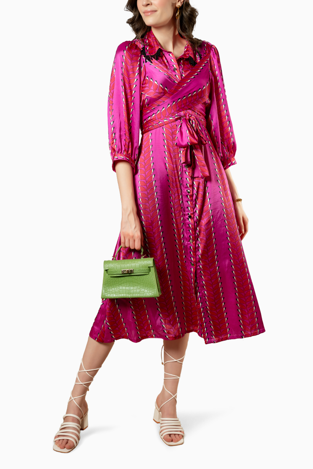 Pink Satin Printed Wrap Dress