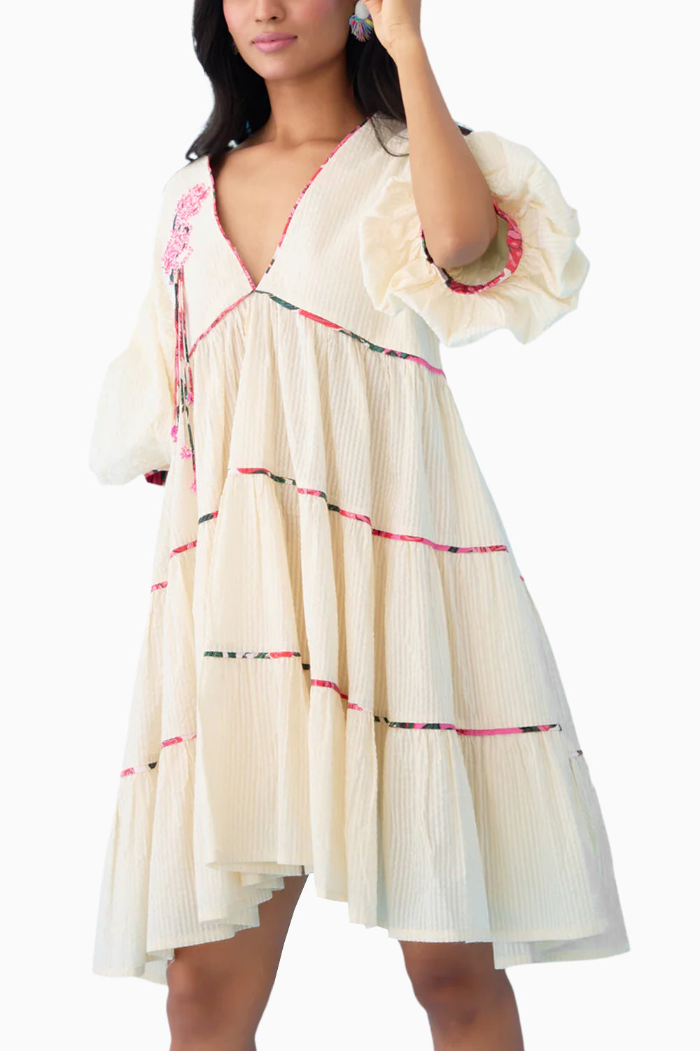 Cream Bubble Sleeves Tier Matchbox Dress