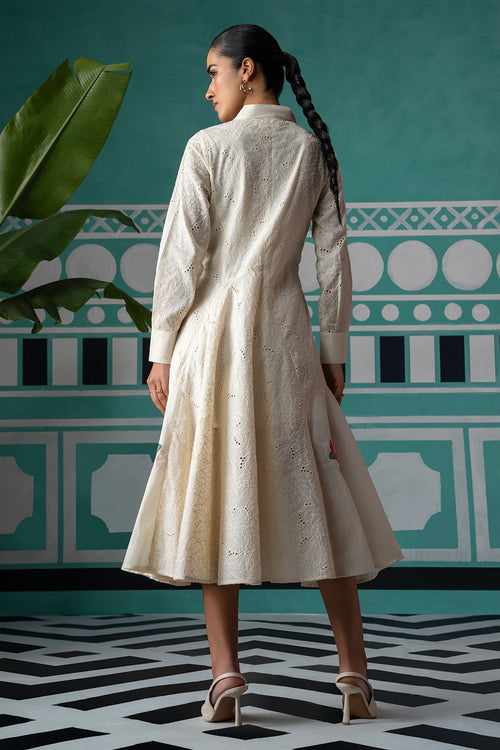 Creme Cross Stich Embroidered Broderie Midi Dress