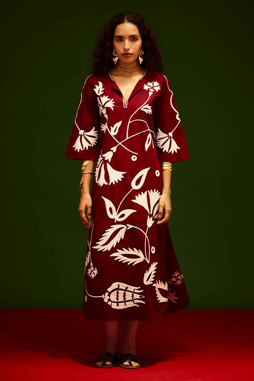 Burgundy Wine Maxi Dress with Thread Embroidery