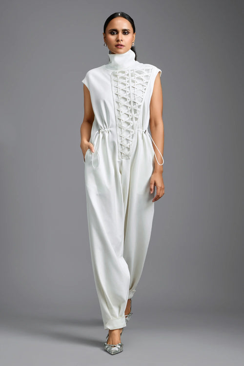 White Sculptural High-Neck Jumpsuit