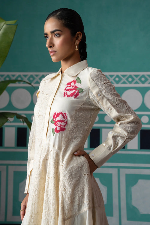 Creme Cross Stich Embroidered Broderie Midi Dress