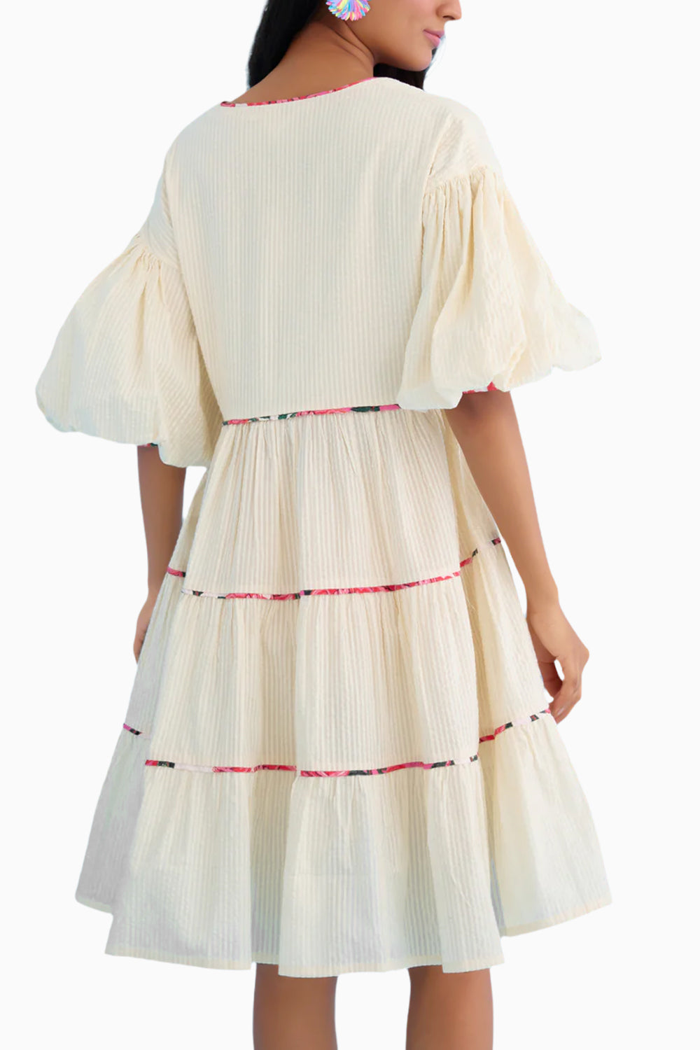 Cream Bubble Sleeves Tier Matchbox Dress