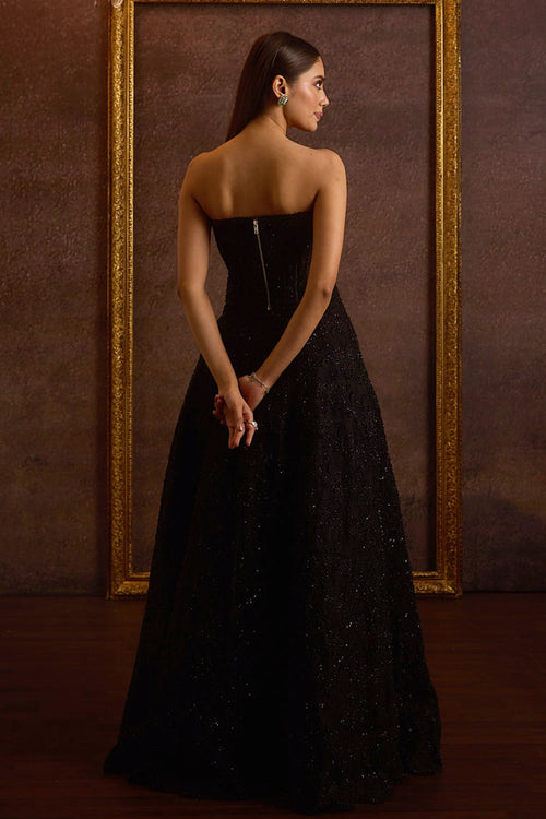 Aynoor Black Corset Top With Pleated Skirt And Bustle Skirt