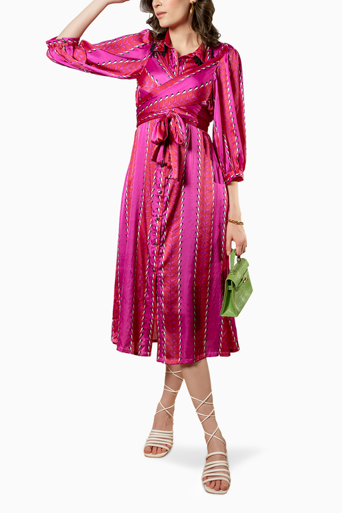 Pink Satin Printed Wrap Dress