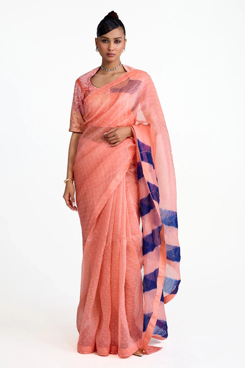 Peach Organza Bandhani Saree with Boro Blouse
