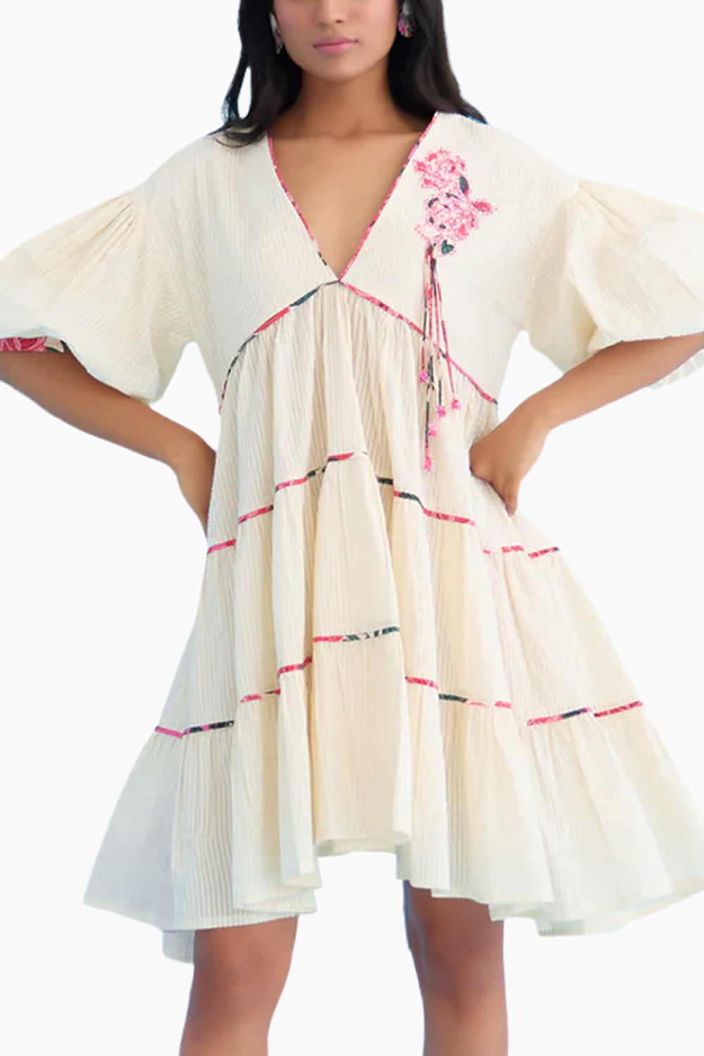 Cream Bubble Sleeves Tier Matchbox Dress