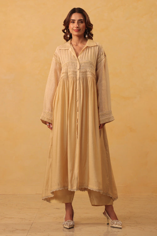 Vaayu Beige Pintuck Collar Kurta Set