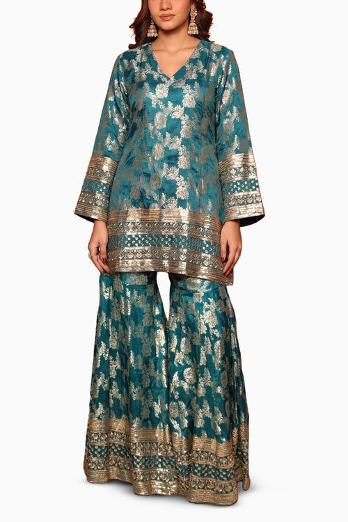 Turqouise Banarasi Begum Sharara Set With Pink Dupatta