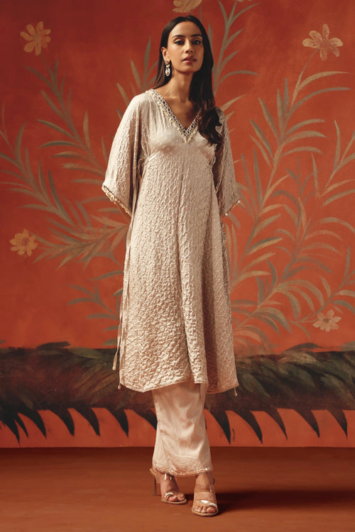 Moon Dust V Neck Drawstring Kurta with Chanderi Silk Palazzos