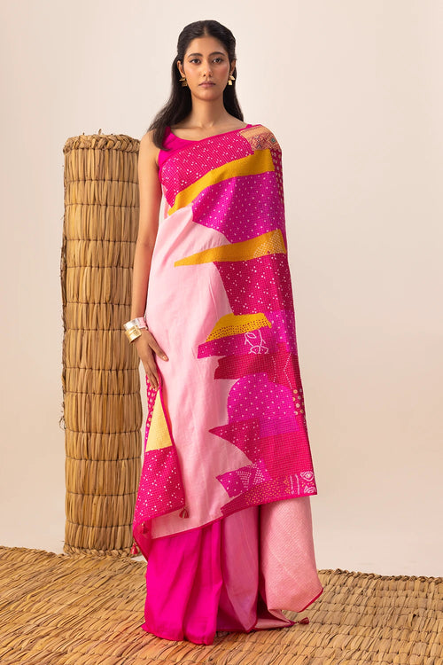 Rani Multi Bandhani Patchwork Saree