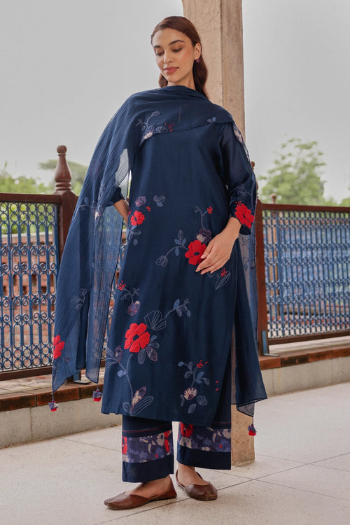 Indigo Bloom Applique Kurta Set