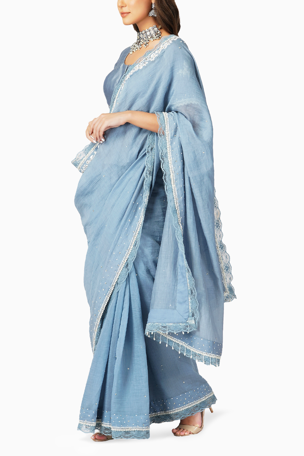 Baroque Work Pigeon Blue Sari