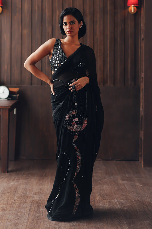 Georgette Black Embellished Saree