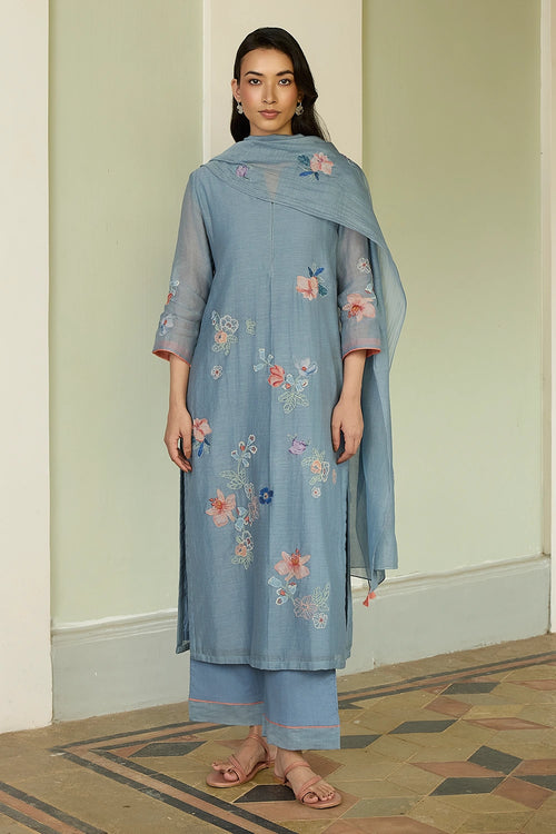Mist Blue Applique Kurta Set