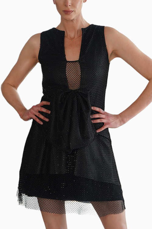 Black Mesh Trapeze Dress With Bow