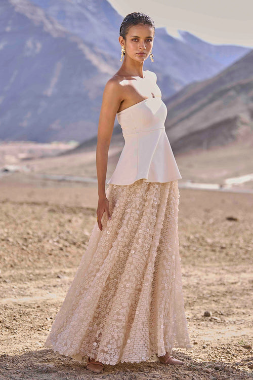 Ivory Peplum Top with 3D Floral Sequin Skirt