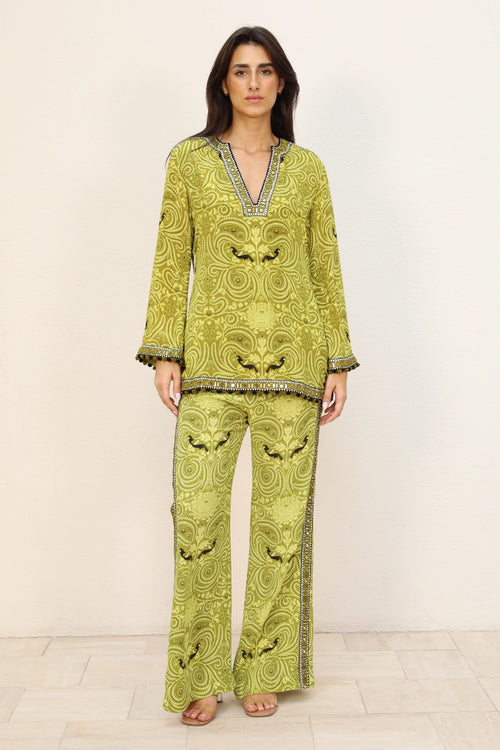 Olive Green Printed Patra Work Co-ord Set