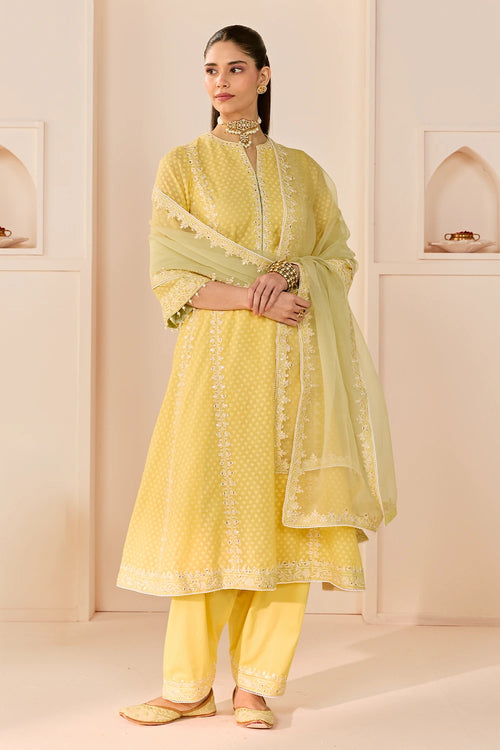 Firdaus Lemon Yellow Long Kalidaar Chauga with Dogri Salwar and Dupatta
