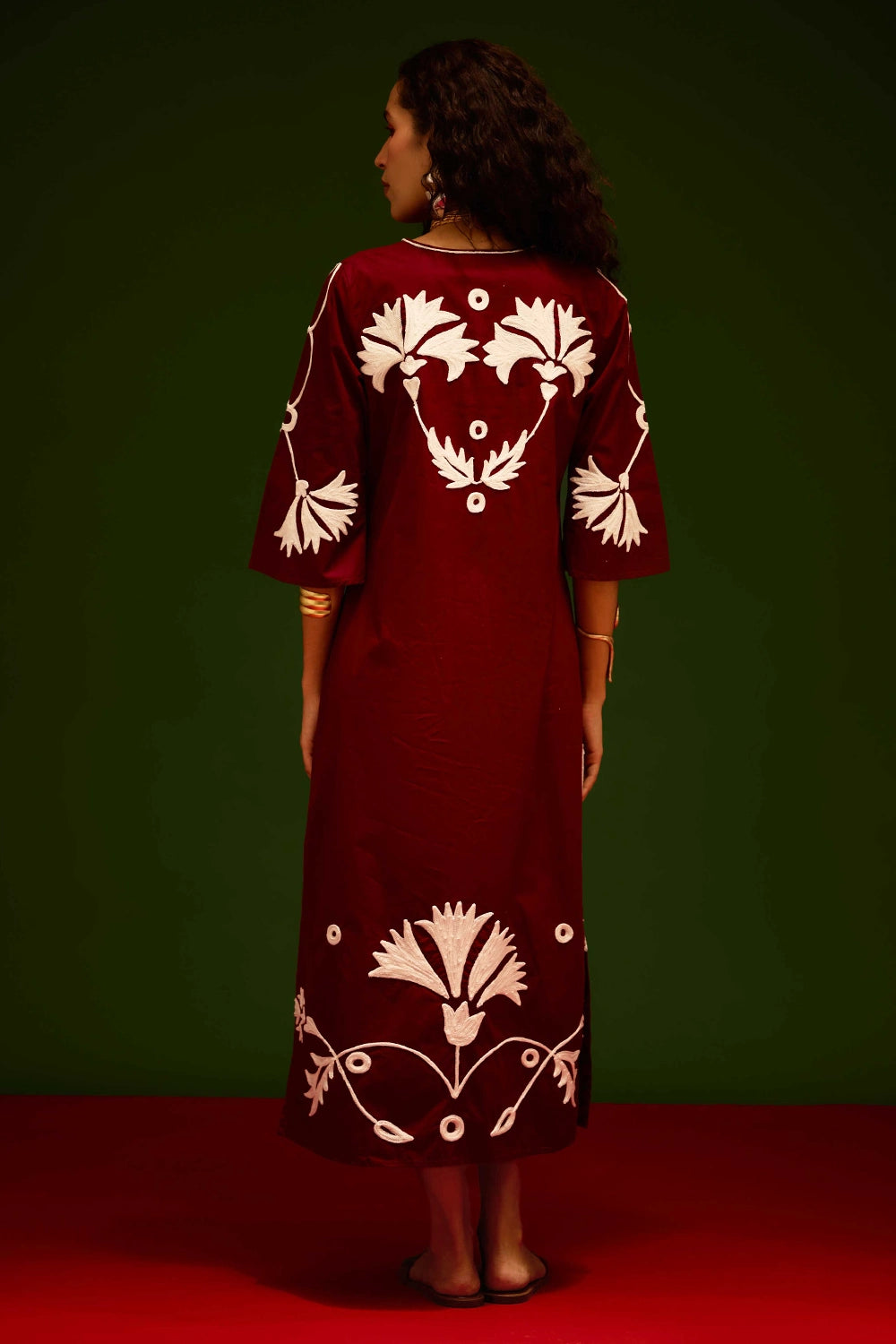 Burgundy Wine Maxi Dress with Thread Embroidery