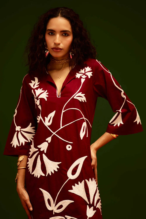 Burgundy Wine Maxi Dress with Thread Embroidery