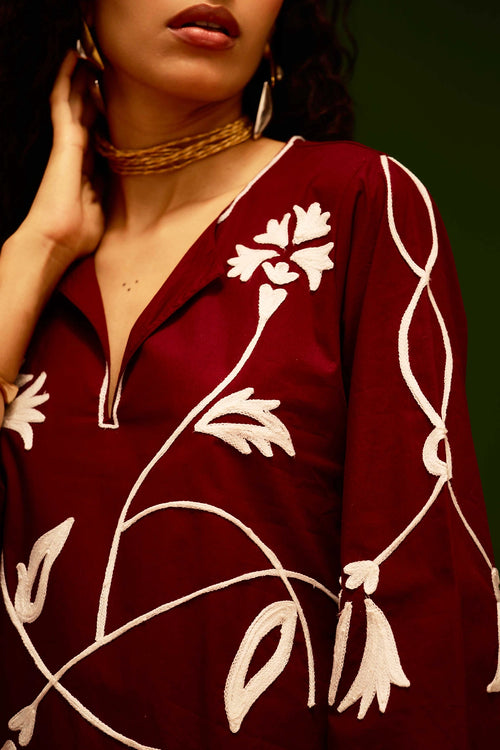 Burgundy Wine Maxi Dress with Thread Embroidery