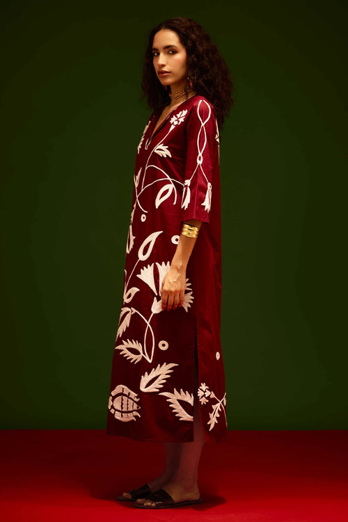 Burgundy Wine Maxi Dress with Thread Embroidery
