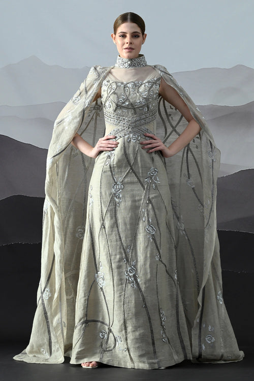 Soft Grey Couture Gown With Hand-Embroidered Floral Trails