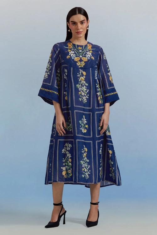 Blue Bouquet Pleated Dress