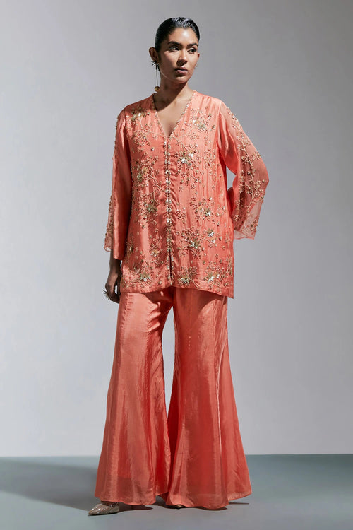 Vermilion Floral Embroidered Silk Sharara Set