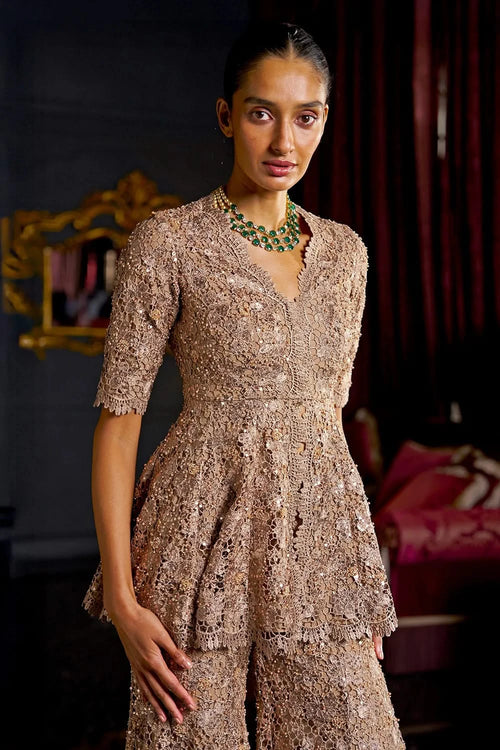 Embroidered Lace Peplum Top and Pant Set