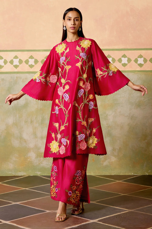 Fuchsia Mosaic Floral Kurta with Cutwork Pants