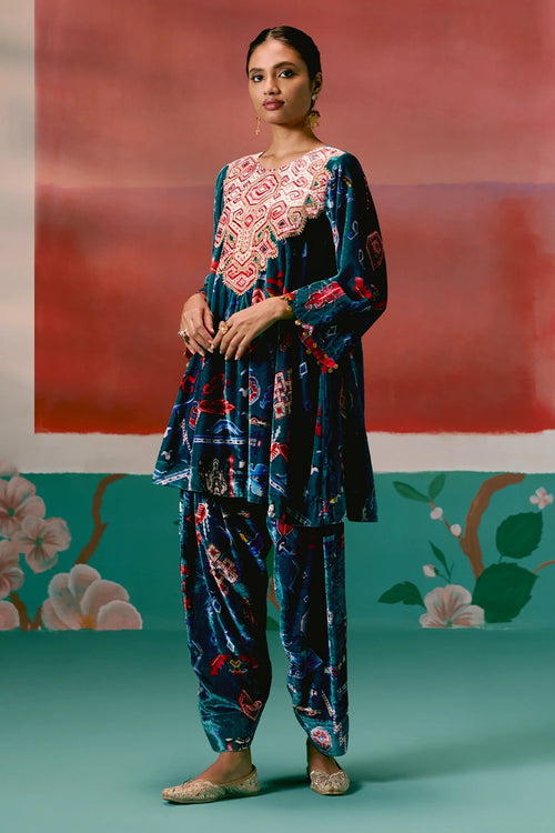 Teal Aztec Velvet Kurta Set