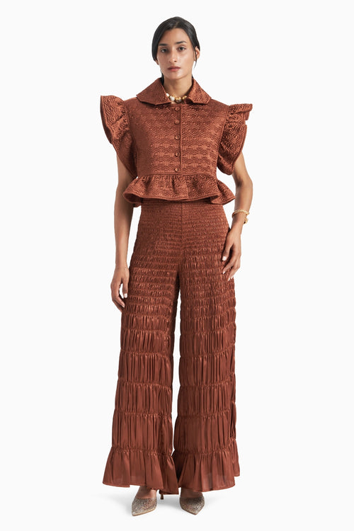 Brown Quilted Jacket With Smocked Stain Pants