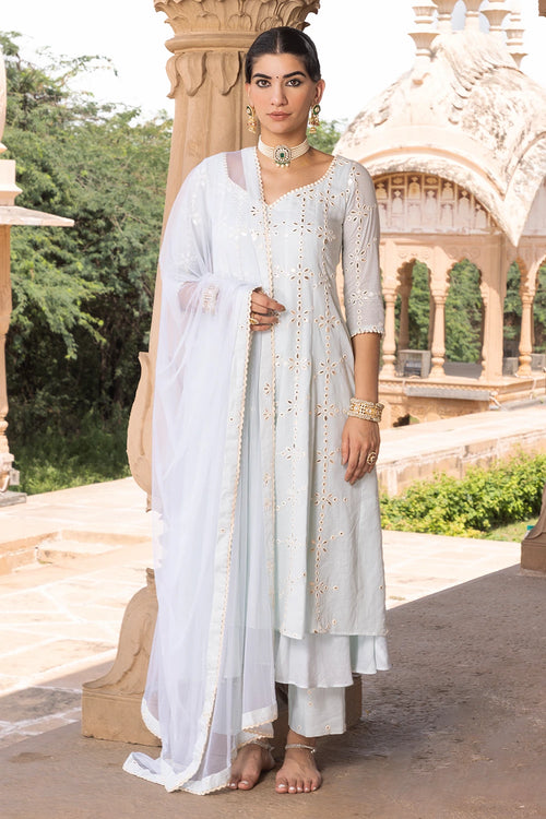 Ice Blue Big Flower Anarkali with Pants and Dupatta