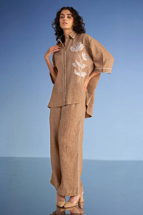 Floral Applique Linen-Textured Shirt and Wide-Legged Pant Set