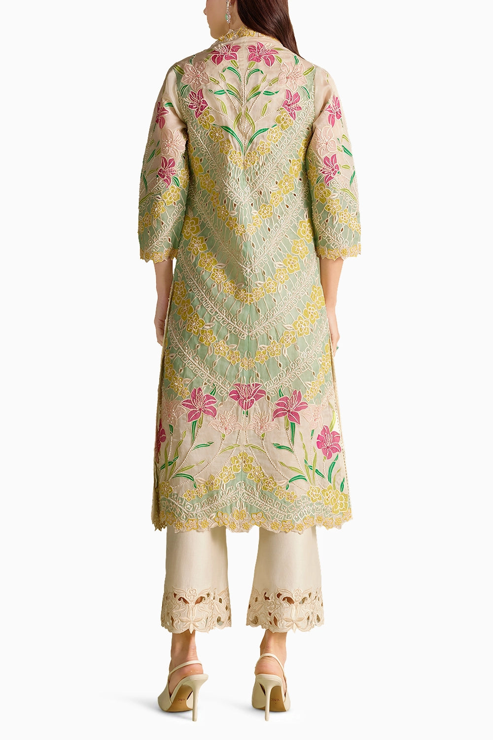 Ivory & Aqua Applique Long Jacket