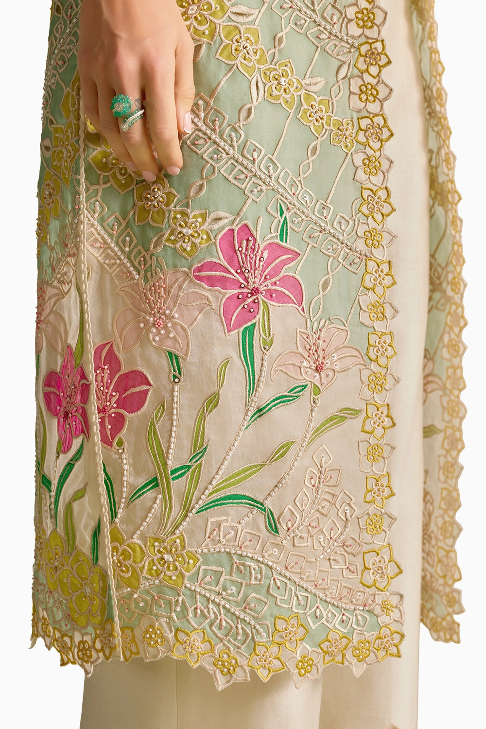 Ivory & Aqua Applique Long Jacket