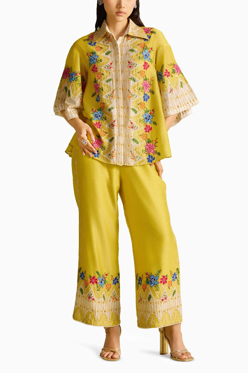 Yellow Floral Embroidered Color Block Co-ord Set